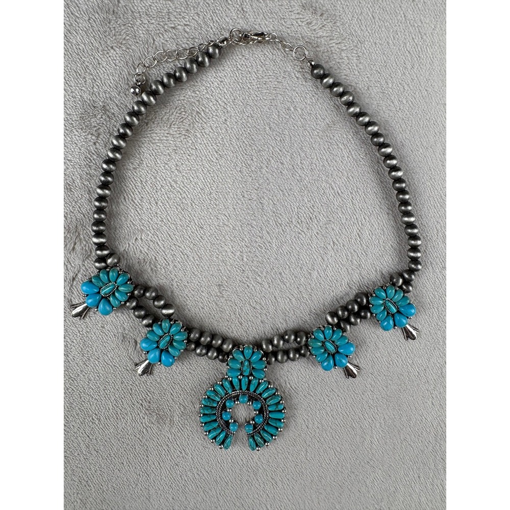 Western Faux Turquoise Squash Blossom Naja Necklace Silver Tone Southwestern